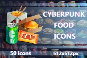 赛博朋克游戏食物图标集：50个512×512高清图标