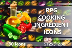 RPG烹饪食材图标包：中世纪奇幻风格蔬菜谷物与动物产品素材