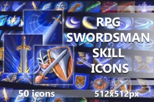 RPG剑士技能图标合集：50个2D素材，PSD/PNG格式
