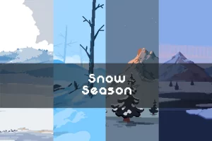 冬日自然像素游戏背景：雪域秘境与冰霜森林