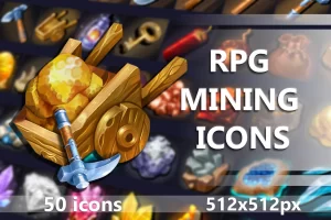 50个RPG采矿图标素材包：工具、矿石、水晶与动物遗骸