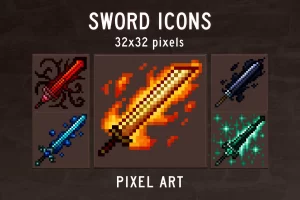 Sword RPG Icons Pixel Art：48款魔法剑像素图标素材