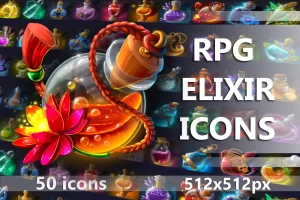 RPG 魔法药水图标集：50款中世纪奇幻药剂素材