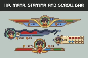 HP、Mana、Stamina与Scroll Bar像素RPG素材包 适用于2D游戏HUD系统
