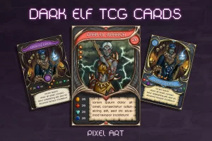 奇幻TCG卡牌像素艺术模板：3版本多色卡牌与角色背景
