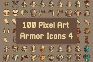 100 RPG铠甲图标像素艺术包，中世纪奇幻游戏素材
