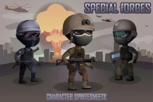 2D游戏特种部队角色精灵表：三名士兵多种武器服装