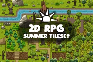 2D RPG夏季主题瓦片素材集：草地、建筑与装饰